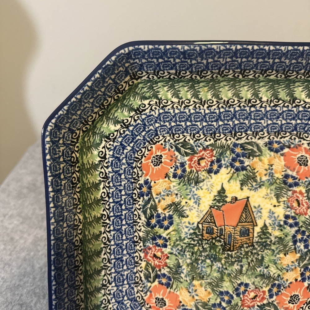 Polish Pottery Square Platter Cabin Meadow UNIKAT 4018 Signd M. Starzyk Poland - Picture 3 of 9